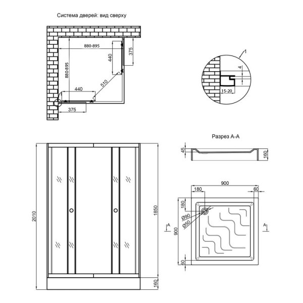 Набор Lidz душевая кабина Wawel SC90x90.SAT.LOW.GR, стекло тонированное 4 мм + поддон Mazur3