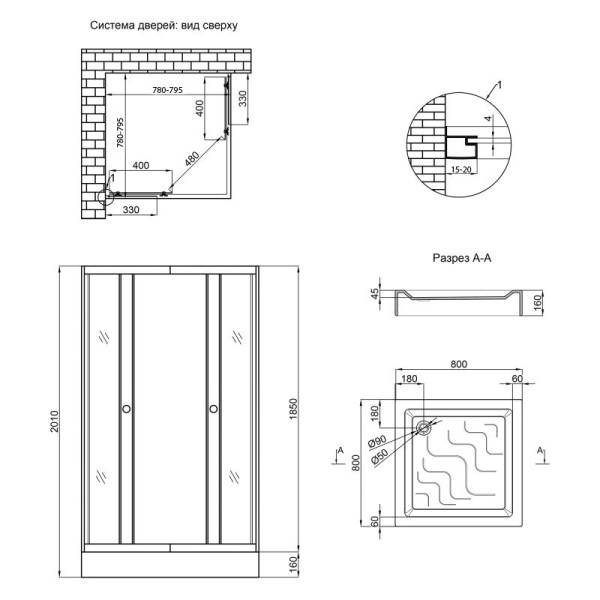 Набор Lidz душевая кабина Wawel SC80x80.SAT.LOW.GR, стекло тонированное 4 мм + поддон Mazur3