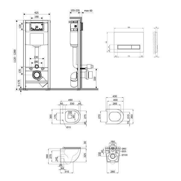 Готовое решение Qtap для ванной комнаты: подвесной унитаз Robin Ultra Quiet 490x365x325 + комплект инсталляции Nest 4 в 1 (линейная клавиша White)3