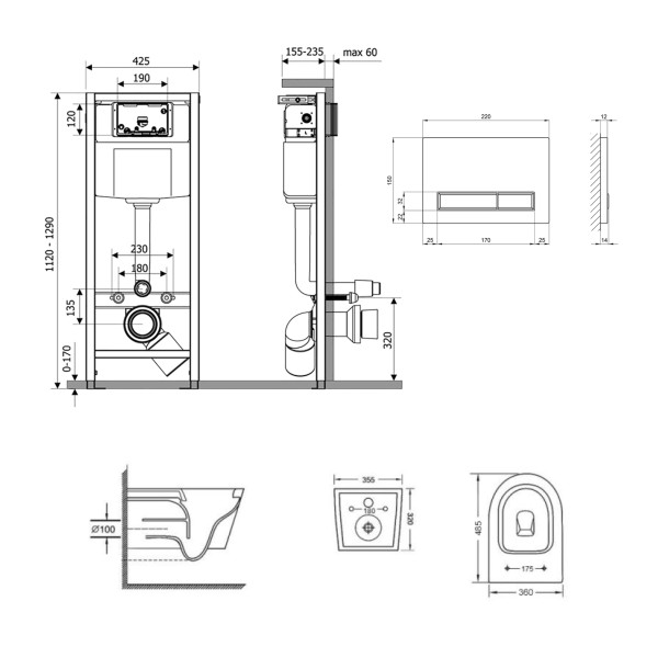 Готовое решение Qtap для ванной комнаты: подвесной унитаз  Swan Ultra Quiet 485x360x320 + комплект инсталляции Nest 4 в 1 (линейная клавиша Matt Black)3