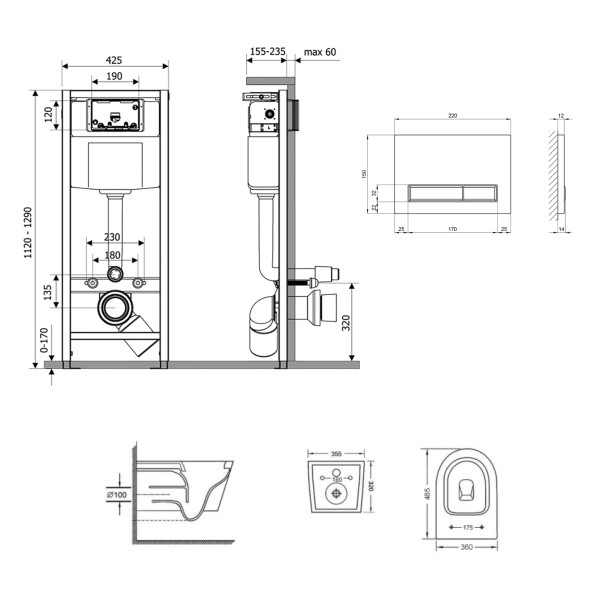 Готовое решение Qtap для ванной комнаты: подвесной унитаз  Swan Ultra Quiet 485x360x320 + комплект инсталляции Nest 4 в 1 (линейная клавиша Chrome)3