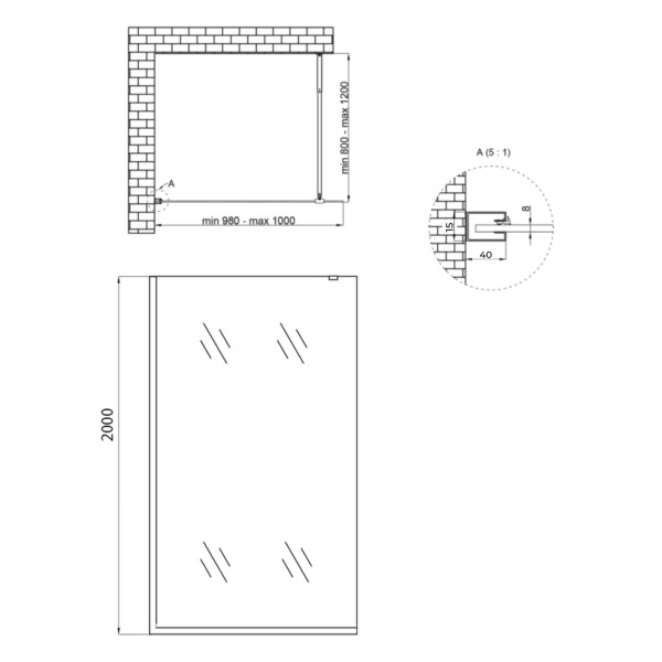 Душова перегородка Qtap Walk-In Standard BLM201.C8 100х200 см, скло Clear 8 мм, покриття CalcLess3