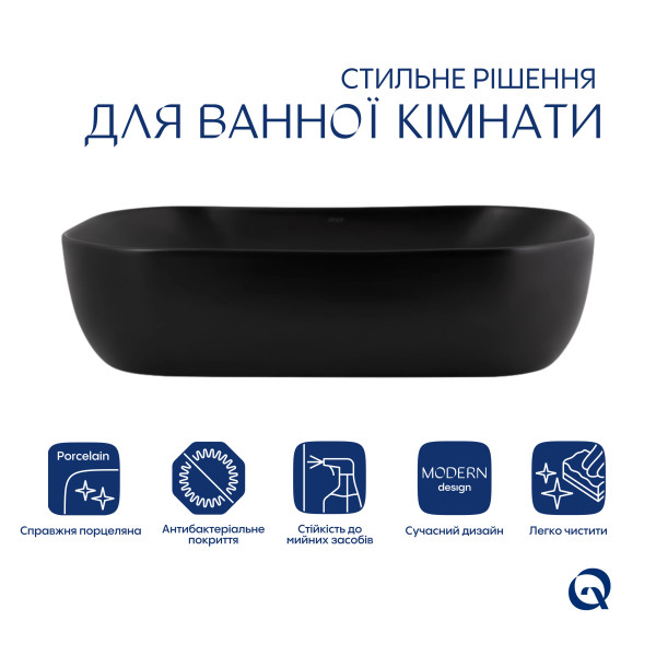 Комплект Qtap Robin: Раковина накладная прямоугольная 600x390x150 мм Matt Black + Донный клапан PU034