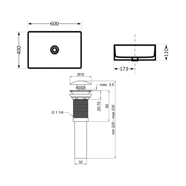 Комплект Qtap Tern: Раковина накладна прамокутна 600x400x110 мм WHITE + Донний клапан PU023