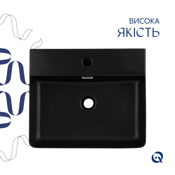 Комплект Qtap Nando LT: Раковина подвесная прямоугольная 500х420х130 мм Matt Black + Донный клапан PU03O5