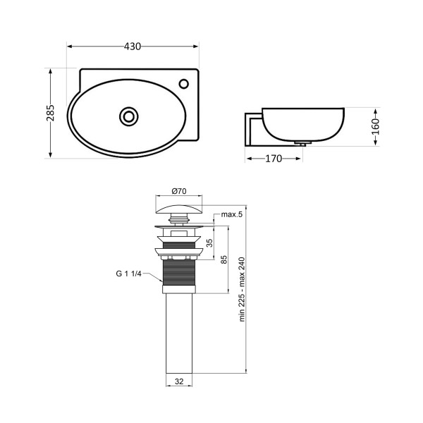 Комплект Qtap Leo: Раковина подвесная овальная правая 430x285x160 мм White + Донный клапан PU02O3
