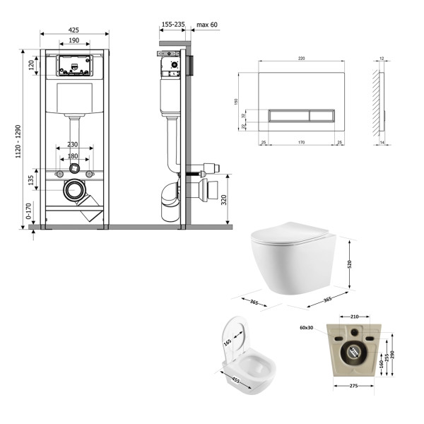Готовое решение Qtap для ванной комнаты: подвесной унитаз Robin Ultra Quiet 520x365x365 + комплект инсталляции Nest 4 в 1 (линейная клавиша Chrome)3