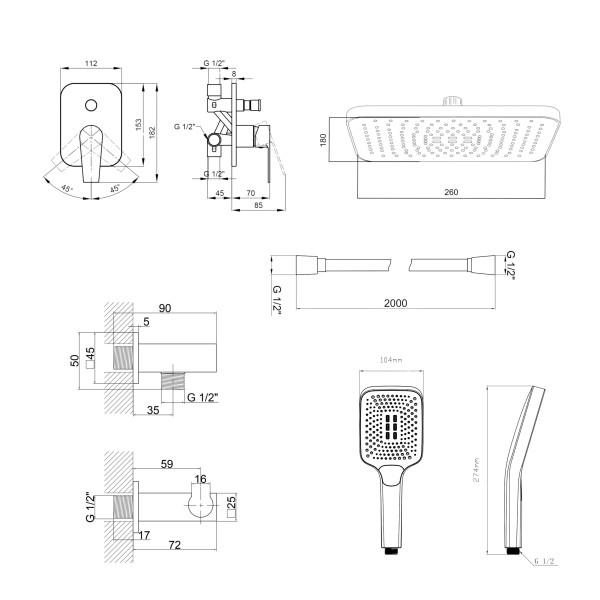 Комплект для душа Qtap Stenava Chrome: Смеситель QTST6245102DC + Лейки (QTRUC125CRM45954,QTHLA107CRM45784) + Шланг QTHADPVC200C + QTCRMBH1303