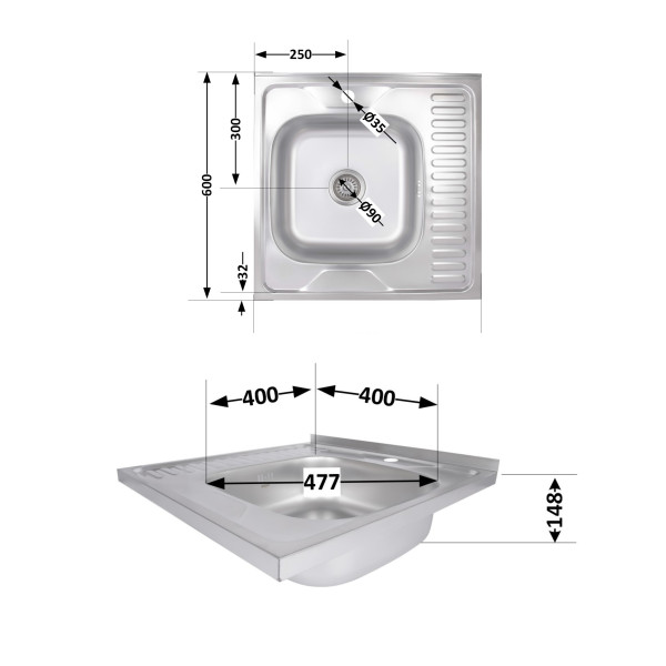 Кухонная мойка Brinex 6060-R 0,6 мм Satin (BRIN6060RSAT06)3