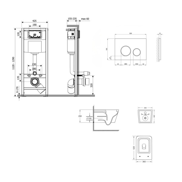 Готовое решение Qtap для ванной комнаты: подвесной унитаз Swan Ultra Quiet 520×360×320 + комплект инсталляции Nest 4 в 1 (круглая клавиша Satin)3
