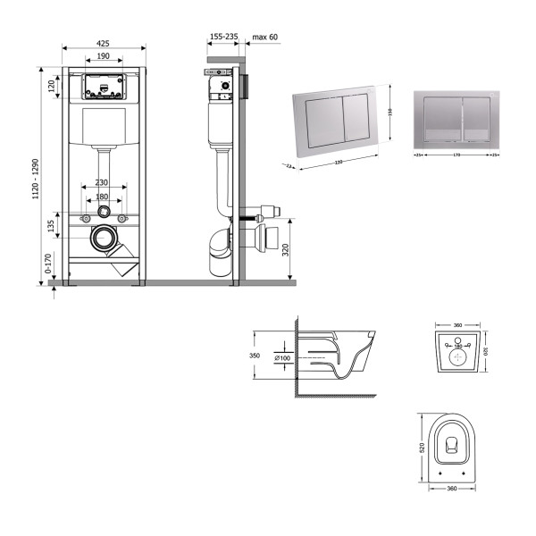 Готовое решение Qtap для ванной комнаты: подвесной унитаз Swan Ultra Quiet 520×360×320 + комплект инсталляции Nest 4 в 1 (квадратная клавиша Satin)3