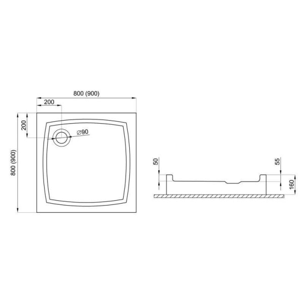 Душовий піддон PATIO компактний білий, 90 x 90 х 16/55
